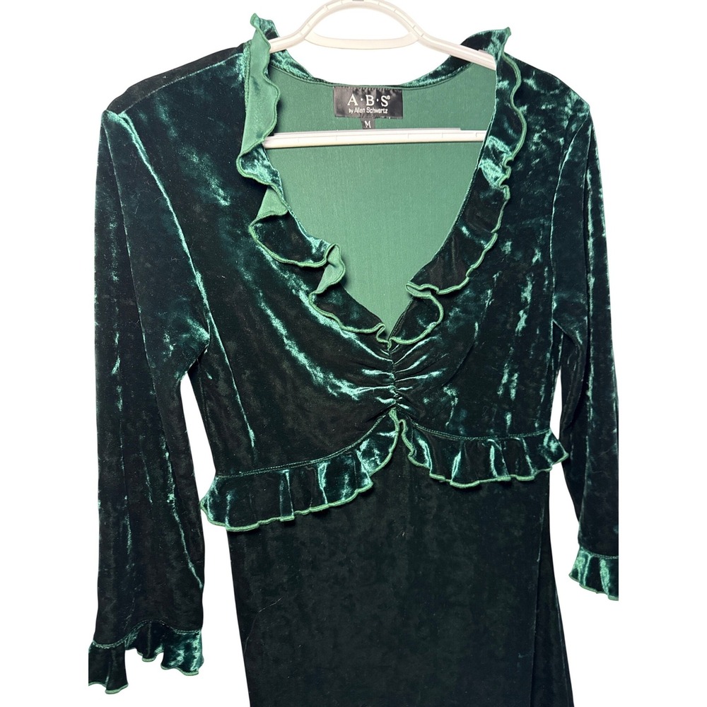 ABS Allen Schwartz‎ Green Crushed Velvet Ruffle V-Neck Midi Dress Medium Holiday